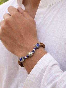 Digital Dress Room - Men Multi-Color Silver Hamsa Hand Charms Rudraksha Bracelet