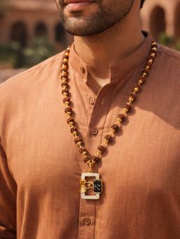 Digital Dress Room - Men White Gold-Toned Links & Om Pendant Rudraksha Bead Necklace