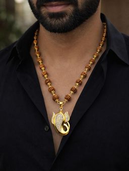 Digital Dress Room - Men White American Diamond Ganesha Pendant Gold Plated Rudraksha Necklace