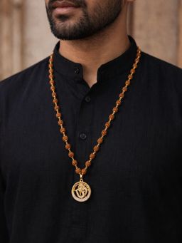 Digital Dress Room - Men White American Diamond Ganesh Pendant Rudraksha Beads Necklace