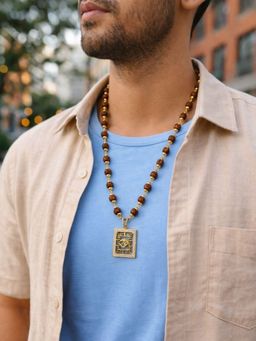 Digital Dress Room - Men White Om Pendant & American Diamond Square Gold Plated Rudraksha Necklace