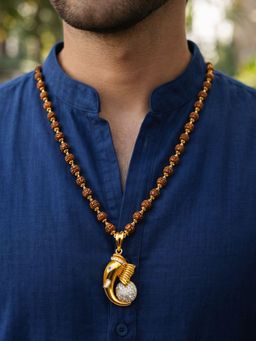 Digital Dress Room - Men White Ganesha Pendant & Natural Beads Gold Plated Rudraksha Necklace