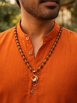 Digital Dress Room - Men White Ganesh Pendant Gold Plated Rudraksha Beaded Necklace