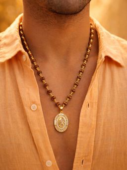 Digital Dress Room - Men White Om American Diamond Pendant Gold Plated Rudraksha Necklace