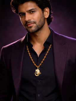 Digital Dress Room - Men White American Diamond Ganpati Pendant Gold Plated Rudraksha Necklace