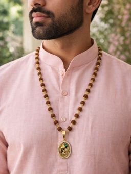 Digital Dress Room - Men White Ganesh Pendant Gold Plated Rudraksha Necklace