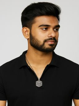 JEWELZ - Men Black Silver Engraved Pendant Chain Necklace