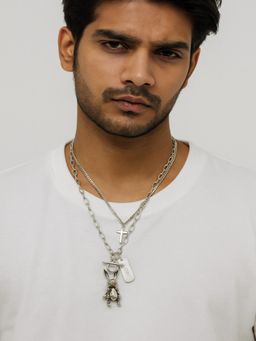 JEWELZ - Men Silver Cross & Teddy Pendants Chain Necklaces (Pack of 2)