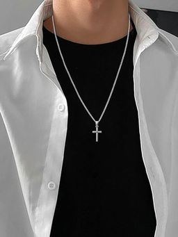 Peora - Men Silver Plated Fancy Cross Pendant Necklace