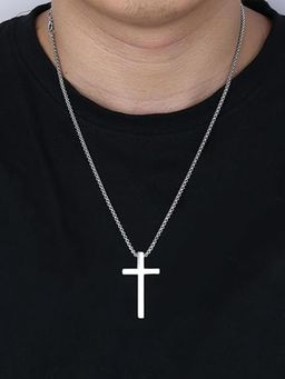 Peora - Men Silver Plated Fancy Cross Pendant Box Chain Necklace