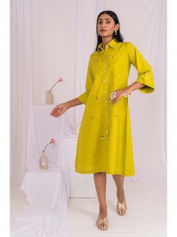 Mushio - Lemon Green Linen Hand Embroidered Dress