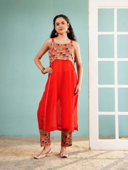 Ritivesh - Crimson Orange Georgette Strappy Kurta with Pant