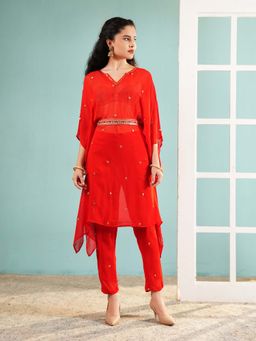 Ritivesh - Scarlet Red Georgette Kaftan with Pant and Hand-Embroidered Belt