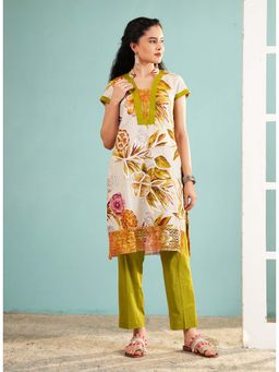 Ritivesh - Olive Green Glass-Neck Floral Printed Kurta with Pant
