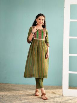 Ritivesh - Olive Green Striped Co-Ord Set