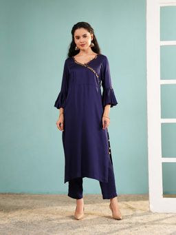 Ritivesh - Navy Blue Hand Coin Work Kurta with Pant
