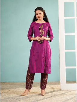 Ritivesh - Purple Pure Silk Kurta with Brocade Pant and Hand Embroidery
