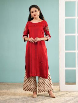 Ritivesh - Crimson Red Silk Hand-Embroidered Patchwork Kurta with Palazzo and Dupatta