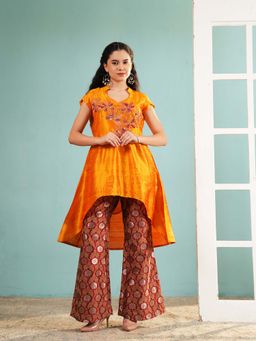 Ritivesh - Mustard Yellow Raw Pure Silk High-Low Kurta with Palazzo