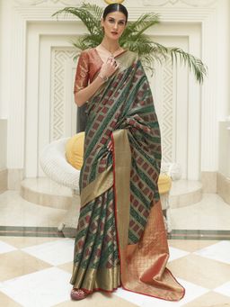 Akhilam - Womens Silk Blend Green Woven Designer Saree with Unstitched Blouse