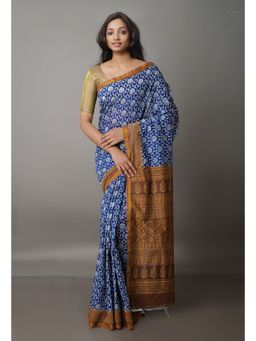 Unnati Silks - Navy Blue Screen Printed Chanderi Sico Saree with Unstitched Blouse