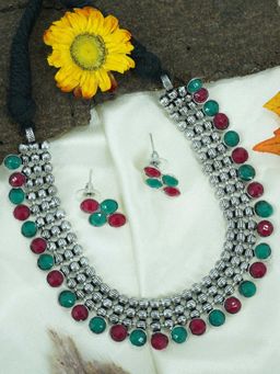 GRIIHAM - Red and Green Antique Oxidised Silver Plated Short Necklace Set