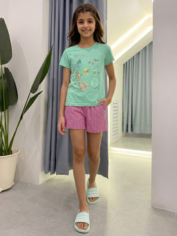 Lil Tomatoes - Girls Green Half Sleeves Printed Nightsuit