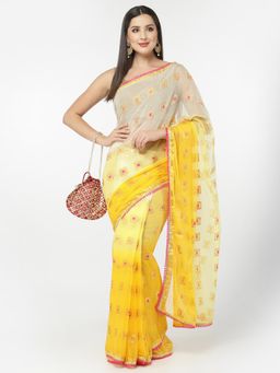 KISHORI - Chiffon Meena Zari Print and Gota Border Saree with Unstitched Blouse - Yellow