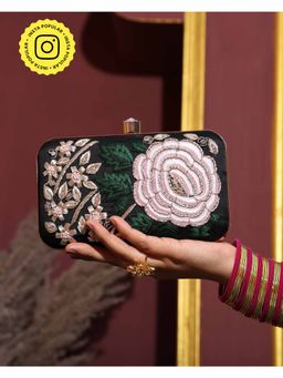 HOUSE OF WEBHIN - Rosette Embroidered Black Clutch