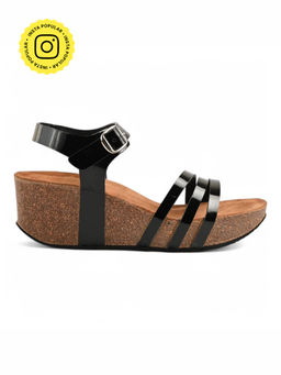 SKO - Women Madrid Black Cork Wedges Sandals