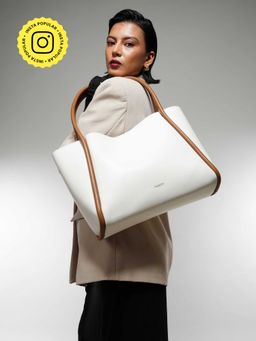 THESTO - White Tube Tote Bag and Silver Strip Shoulder Bag (Set of 2) (XL)