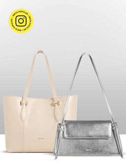 THESTO - White Classic Handle Tote and Silver Strip Shoulder Bag (Set of 2) (XL)