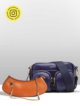 THESTO - Brown Heart Padlock Shoulder and Blue Functional Multi Pocketed Sling Bag (Set of 2) (M)