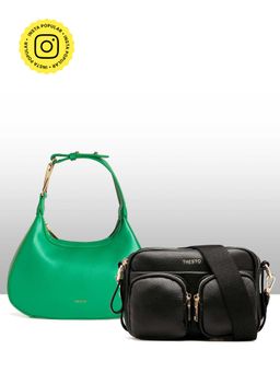 THESTO - Black Functional Multi Pocketed Sling and Green Structured Hobo (M)