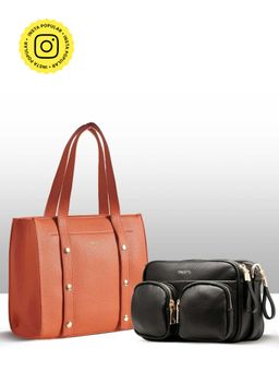 THESTO - Black Functional Multi Pocketed Sling and Tan Adjustable Tich Button Tote (M)