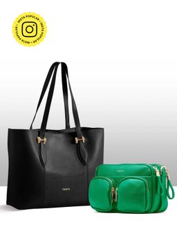 THESTO - Green Functional Multi Pocketed Sling and Black Classic Handle Tote (M)