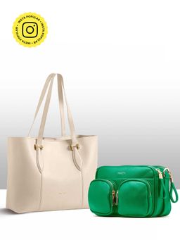 THESTO - Green Functional Multi Pocketed Sling and White Classic Handle Tote (M)