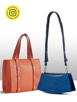 THESTO - Tan Adjustable Tich Button Tote and Blue You Crossbody Bag (XL)