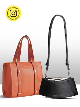 THESTO - Tan Adjustable Tich Button Tote and Black You Crossbody Bag (XL)