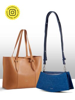THESTO - Brown Classic Handle Tote and Blue You Crossbody Bag (XL)