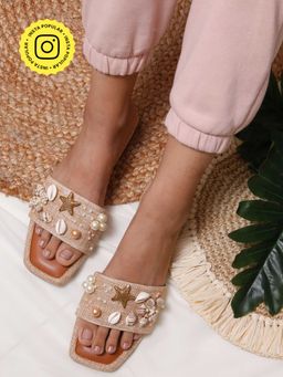Toprico - Sea Shells Embellished Jute Tan Flats