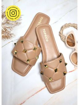 Toprico - Studded Slide Embellished Tan Flat
