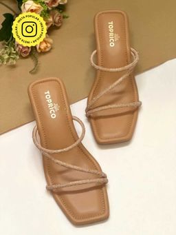 Toprico - Three Strap Embellished Tan Heels
