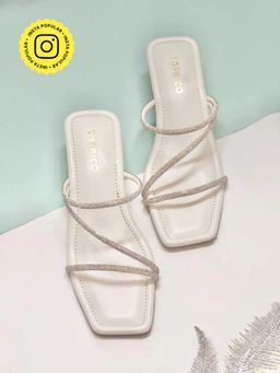 Toprico - Three Strap Embellished White Heels