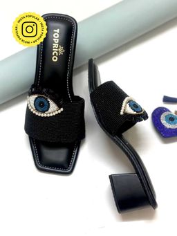 Toprico - Eye Block Beads Embroidered Black Heels