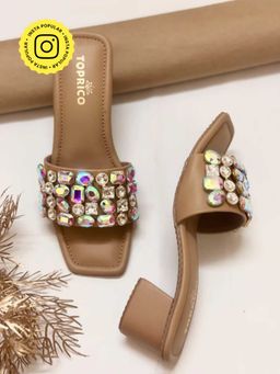 Toprico - Holo Block Embellished Tan Heels