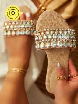 Toprico - Crystal Love Jute Embellished Beige Flats