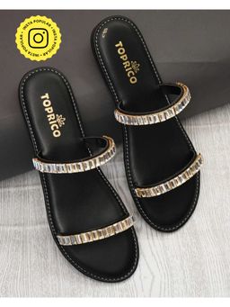 Toprico - Two Strap Beads Embellished Black Flats