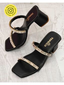 Toprico - Two Strap Beads Embellished Black Heel Sandals