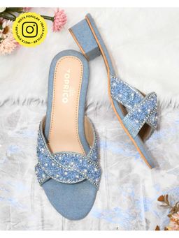 Toprico - Criss Cross Beads Embellished Denim Heels